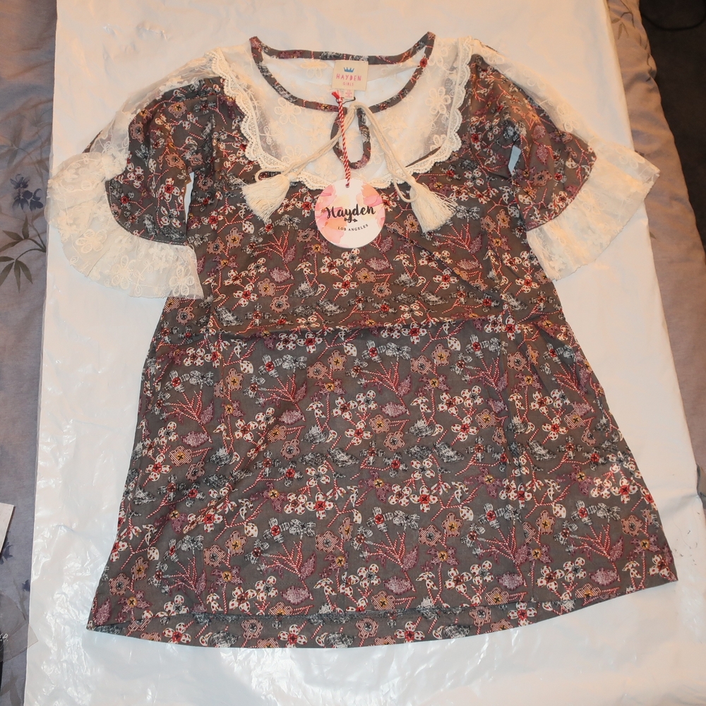 Hayden Girls Gray Casual Dress with Floral Print and Embroidered Neckline